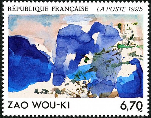 中國(guó)僑網(wǎng)1995年發(fā)行的趙無(wú)極創(chuàng)作設(shè)計(jì)的郵票(20x15cm)。(法國(guó)《歐洲時(shí)報(bào)》)