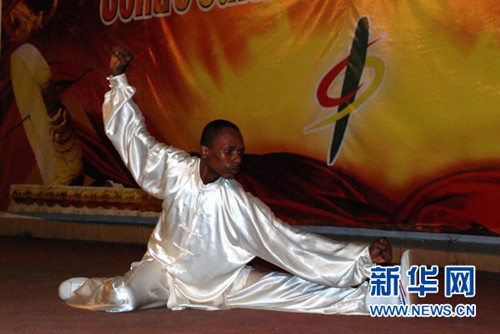 中國僑網(wǎng)貝寧武術(shù)聯(lián)合會學(xué)員表演太極拳,。(曹肅 攝)