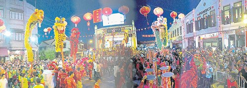 68頭舞獅齊聚雞場(chǎng)街舞臺(tái)處,場(chǎng)面十分壯觀,。(馬來(lái)西亞《南洋商報(bào)》)