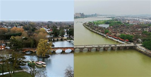 左圖是斯特拉特福,右圖是撫州市文昌里,。通過影像拼接,,“文豪故鄉(xiāng)”跨越時空相遇。(圖片來源:新華社)