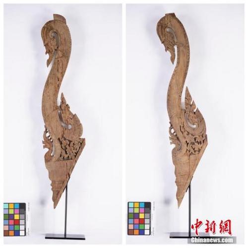 中國(guó)僑網(wǎng)圖為加拿大政府向中方歸還的一對(duì)19世紀(jì)中國(guó)云南南傳上座部佛教流行地區(qū)佛寺的建筑構(gòu)件。 中新社發(fā) 加拿大文化遺產(chǎn)部供圖