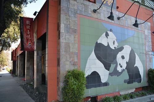 中國(guó)僑網(wǎng)在美國(guó)加州巴迪那的聚豐園餐廳墻面上熊貓壁畫(huà),表示這里是“熊貓快餐”發(fā)跡地。(美國(guó)《世界日?qǐng)?bào)》/張宏 攝)