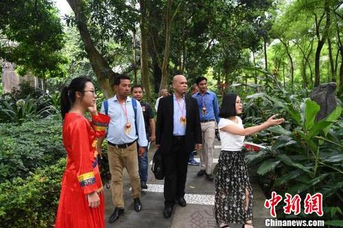 中國僑網(wǎng)圖為柬埔寨主流媒體代表團(tuán)在廣西藥用植物園內(nèi)學(xué)習(xí)中草藥知識,?!∮峋浮z