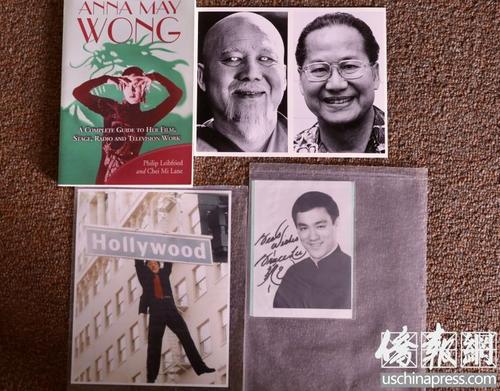 中國僑網(wǎng)陳燦培收集的華裔影星照片,。左上角為黃柳霜,右上角為陸錫麒與他的銀幕形象,左下角為成龍,右下角為李小龍。(美國《僑報》記者/邱晨 翻拍)