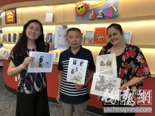 中國僑網(wǎng)話劇《飛虎戀》導(dǎo)演張西(左)獲得晏良為(中)贈(zèng)送的珍貴歷史資料,。(美國《僑報(bào)》/王伊琳 攝)