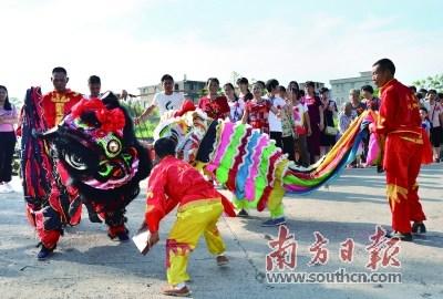 中國(guó)僑網(wǎng)村里舞動(dòng)醒獅歡迎出嫁女回娘家過節(jié),。