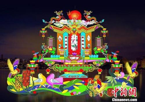 中國僑網(wǎng)佛山秋色巡游彩車一(傳統(tǒng)頭牌燈彩車),車頭主題為《佛山秋色》,,車身主題為《佛山韻律 秋醉嶺南》,。通訊員提供