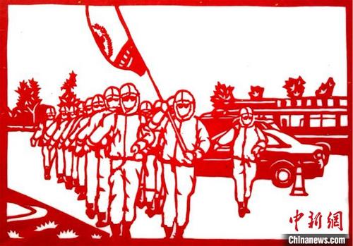 中國僑網圖為剪紙作品中的醫(yī)護人員正在出發(fā)奔赴一線支持抗疫,。 受訪者供圖